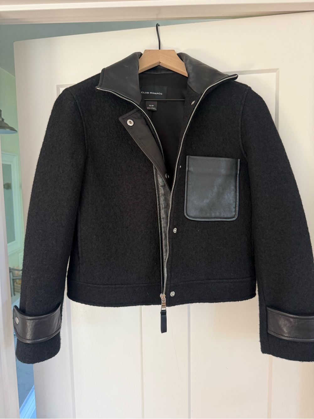 Club Monaco Black Wool-Blend Jacket with Leather Trim size xs